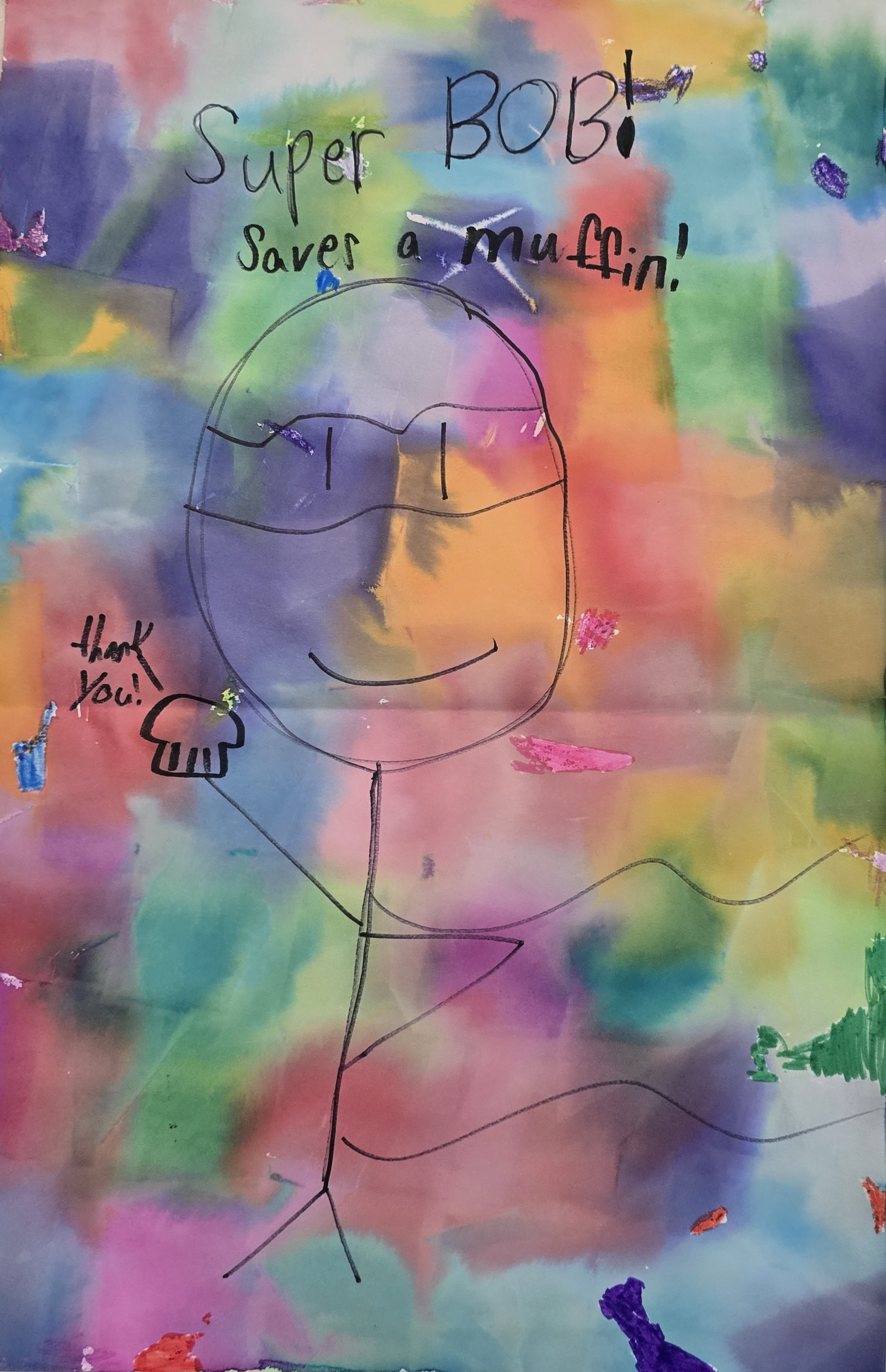 A colorful drawing of Super Bob saving a muffin